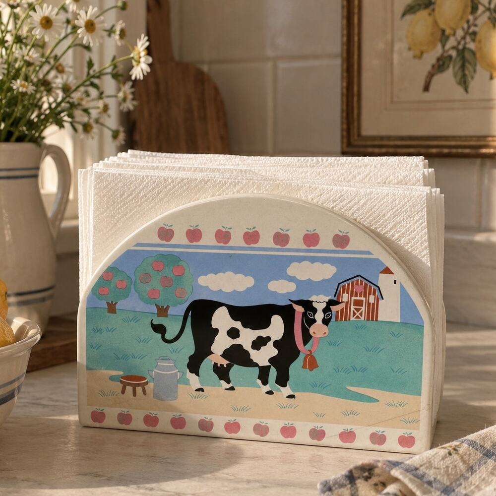 Vintage Treasure Craft Cow Apple Ceramic Napkin Holder Farmhouse Kitchen Decor